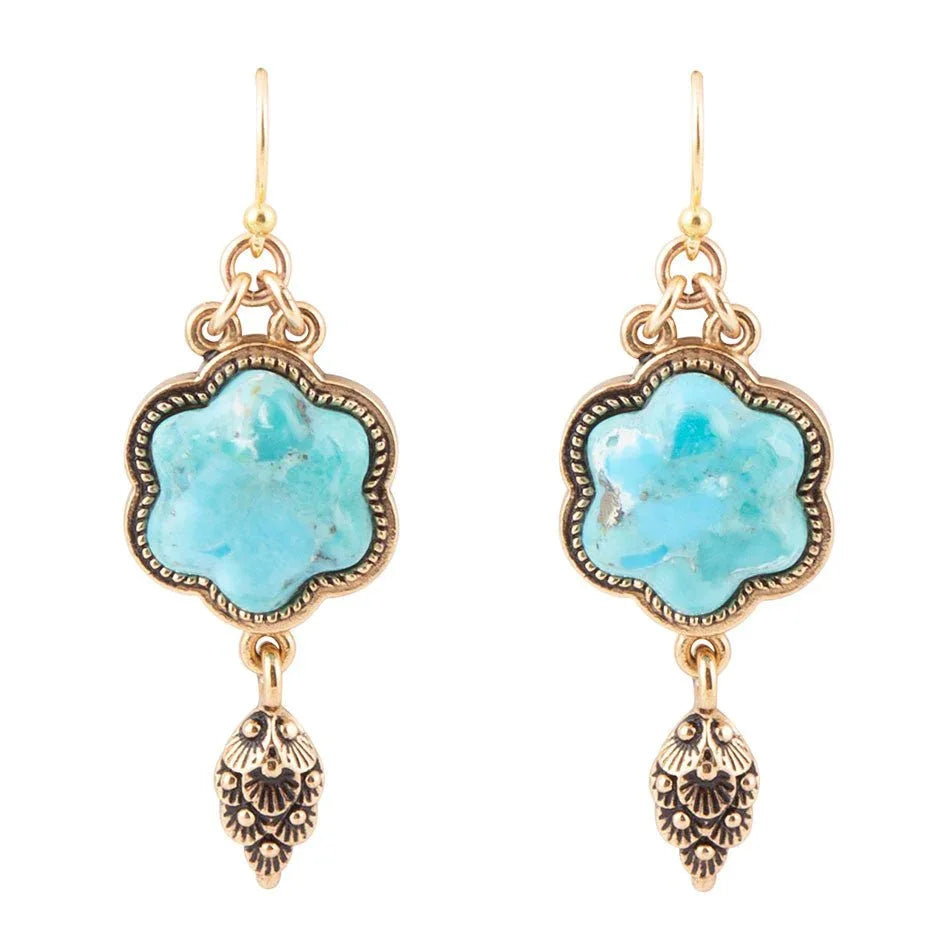 Blue Turquoise Flower Golden Drop Earrings - Barse Jewelry - Flyclothing LLC