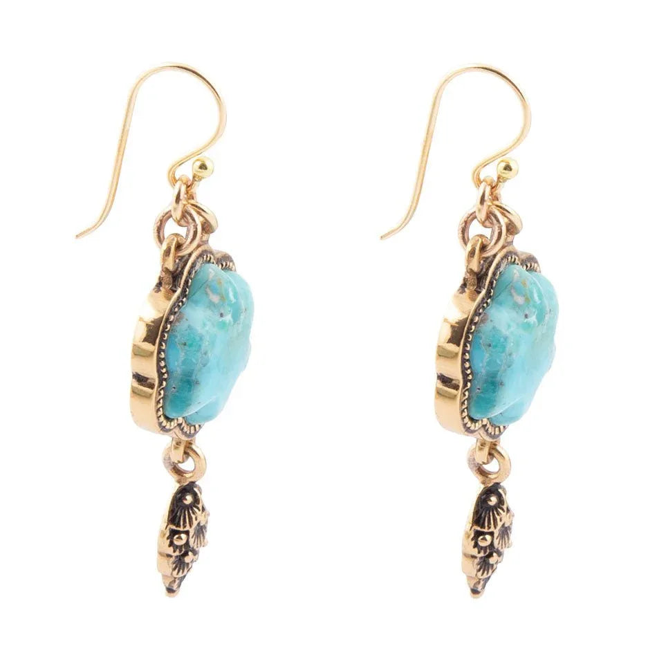Blue Turquoise Flower Golden Drop Earrings - Barse Jewelry - Flyclothing LLC