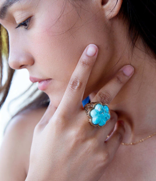 Blue Turquoise Flower Golden Ring - Barse Jewelry - Flyclothing LLC