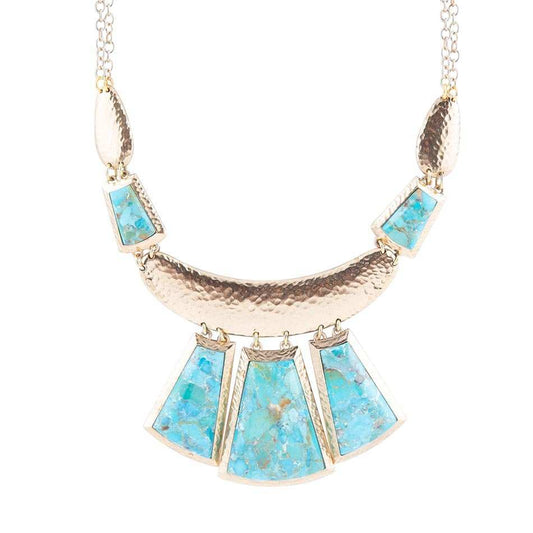 Blue Turquoise Jeweled Statement Golden Necklace - Barse Jewelry - Flyclothing LLC