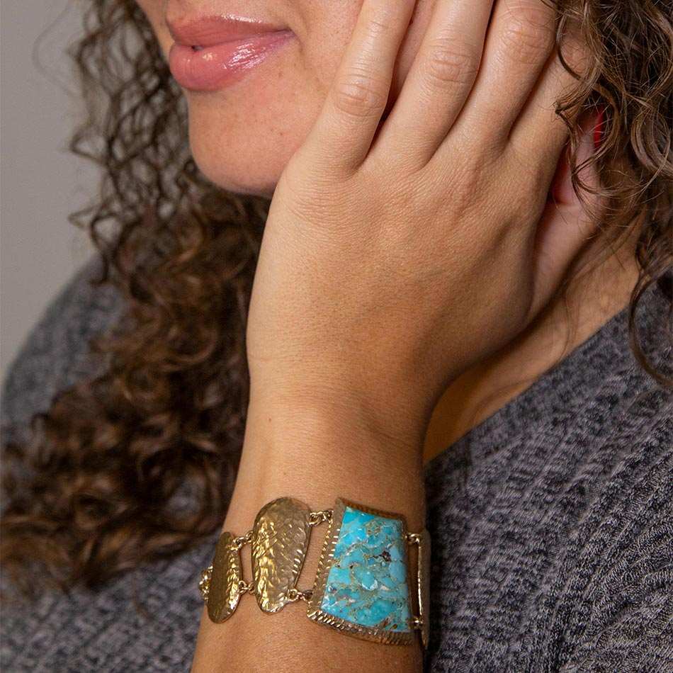 Blue Turquoise Jeweled Statement Link Golden Bracelet - Barse Jewelry - Flyclothing LLC