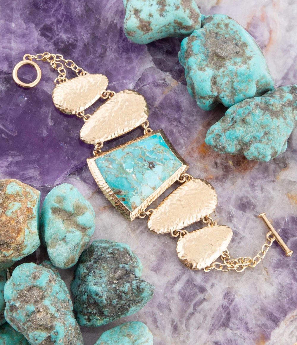 Blue Turquoise Jeweled Statement Link Golden Bracelet - Barse Jewelry - Flyclothing LLC