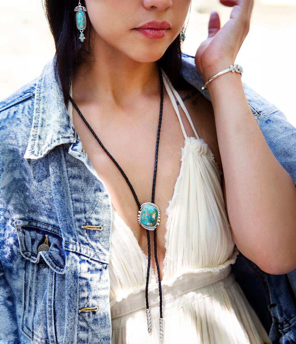 Blue Turquoise Matrix Sterling Silver Bolo Tie Necklace - Barse Jewelry - Flyclothing LLC