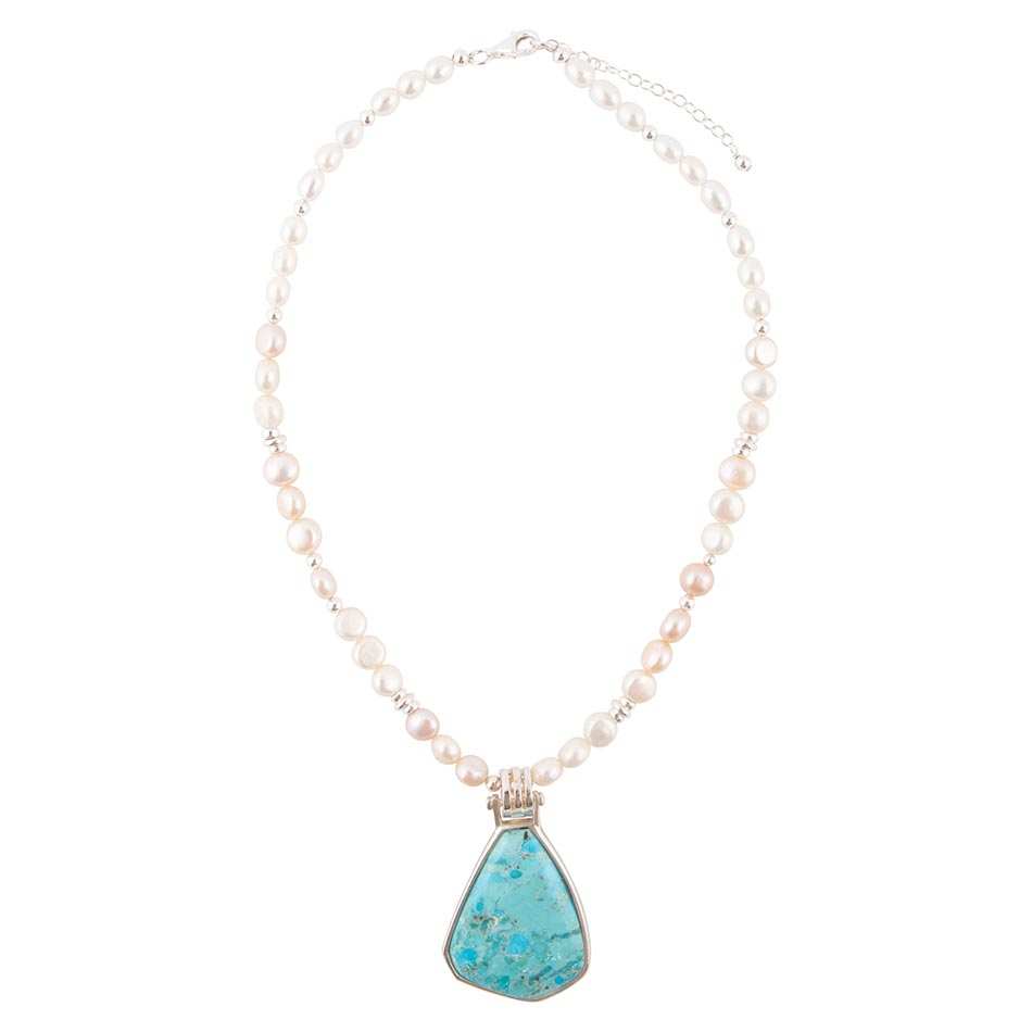 Blue Turquoise Pendant and White Pearl Sterling Silver Necklace - Barse Jewelry - Flyclothing LLC