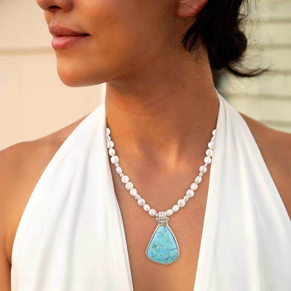 Blue Turquoise Pendant and White Pearl Sterling Silver Necklace - Barse Jewelry - Flyclothing LLC