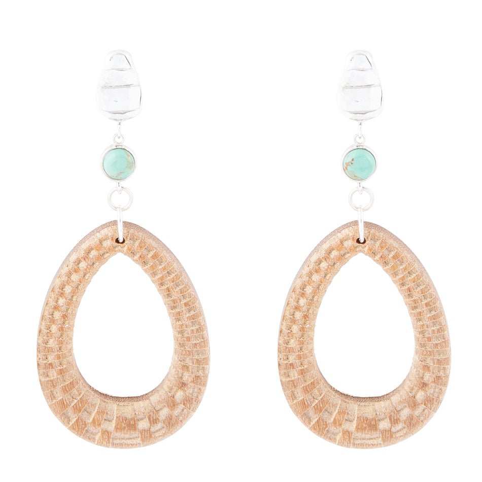 Blue Turquoise Top Carved Wood Sterling Silver Earrings - Barse Jewelry - Flyclothing LLC