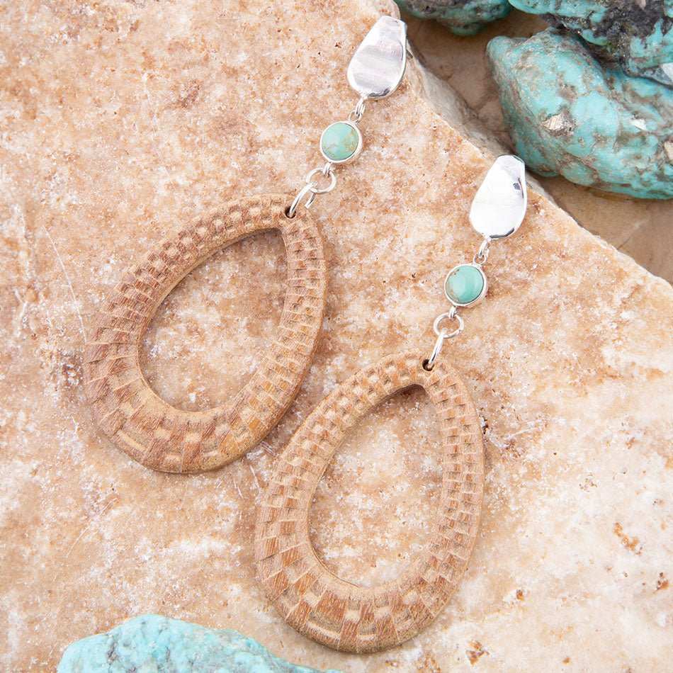 Blue Turquoise Top Carved Wood Sterling Silver Earrings - Barse Jewelry - Flyclothing LLC