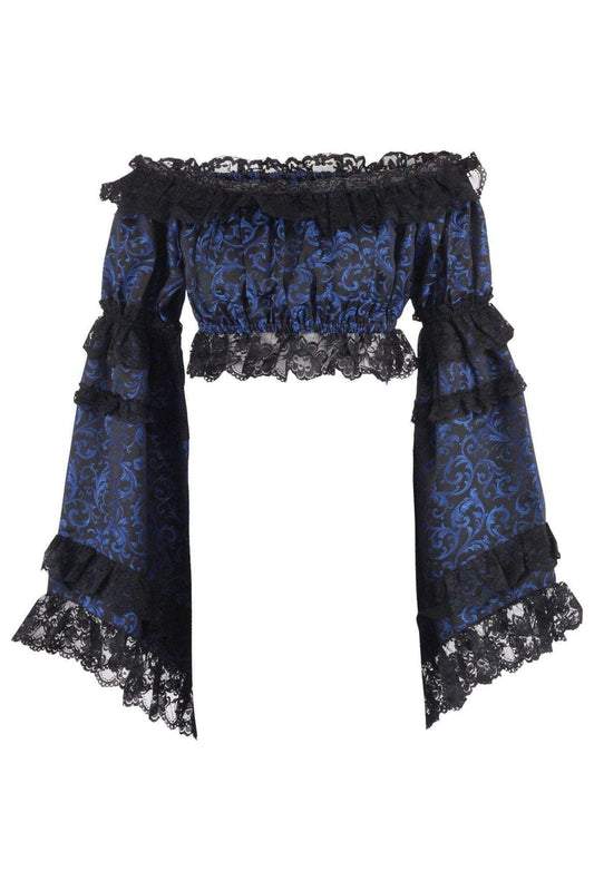 Daisy Corsets Blue/Black Brocade Smocked Flare Sleeve Peasant Top - Daisy Corsets - Flyclothing LLC