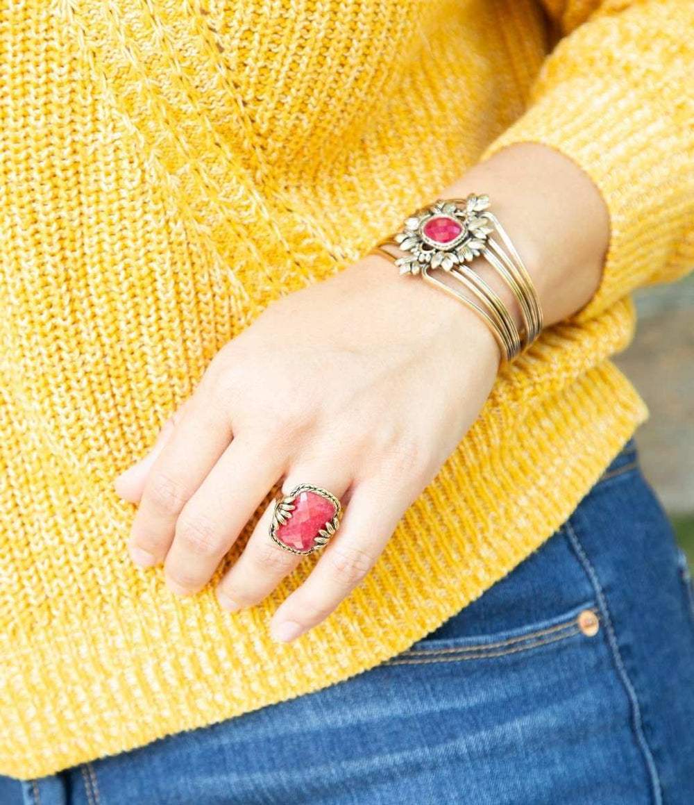 Bordeaux Quartz and Bronze Ornate Cuff Bracelet - Barse Jewelry - Flyclothing LLC