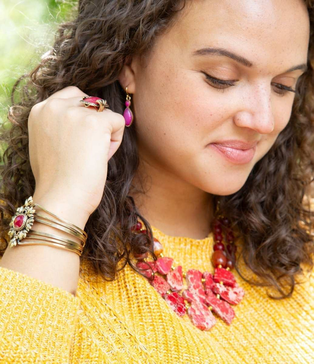 Bordeaux Quartz and Bronze Ornate Cuff Bracelet - Barse Jewelry - Flyclothing LLC