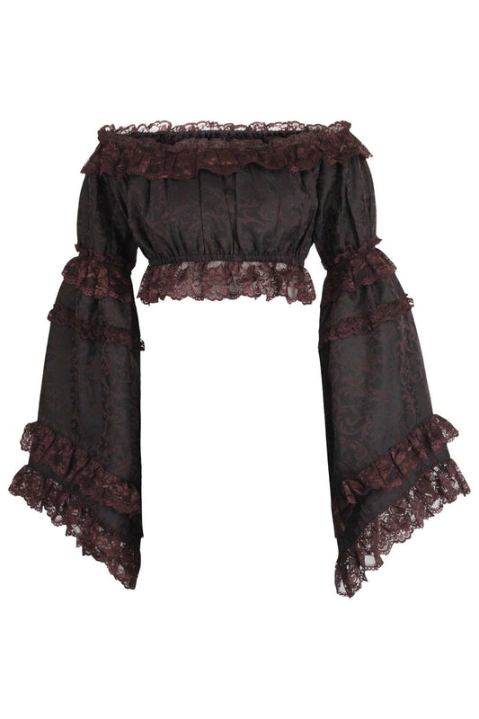 Daisy Corsets Brown Brocade Smocked Flare Sleeve Peasant Top - Daisy Corsets - Flyclothing LLC