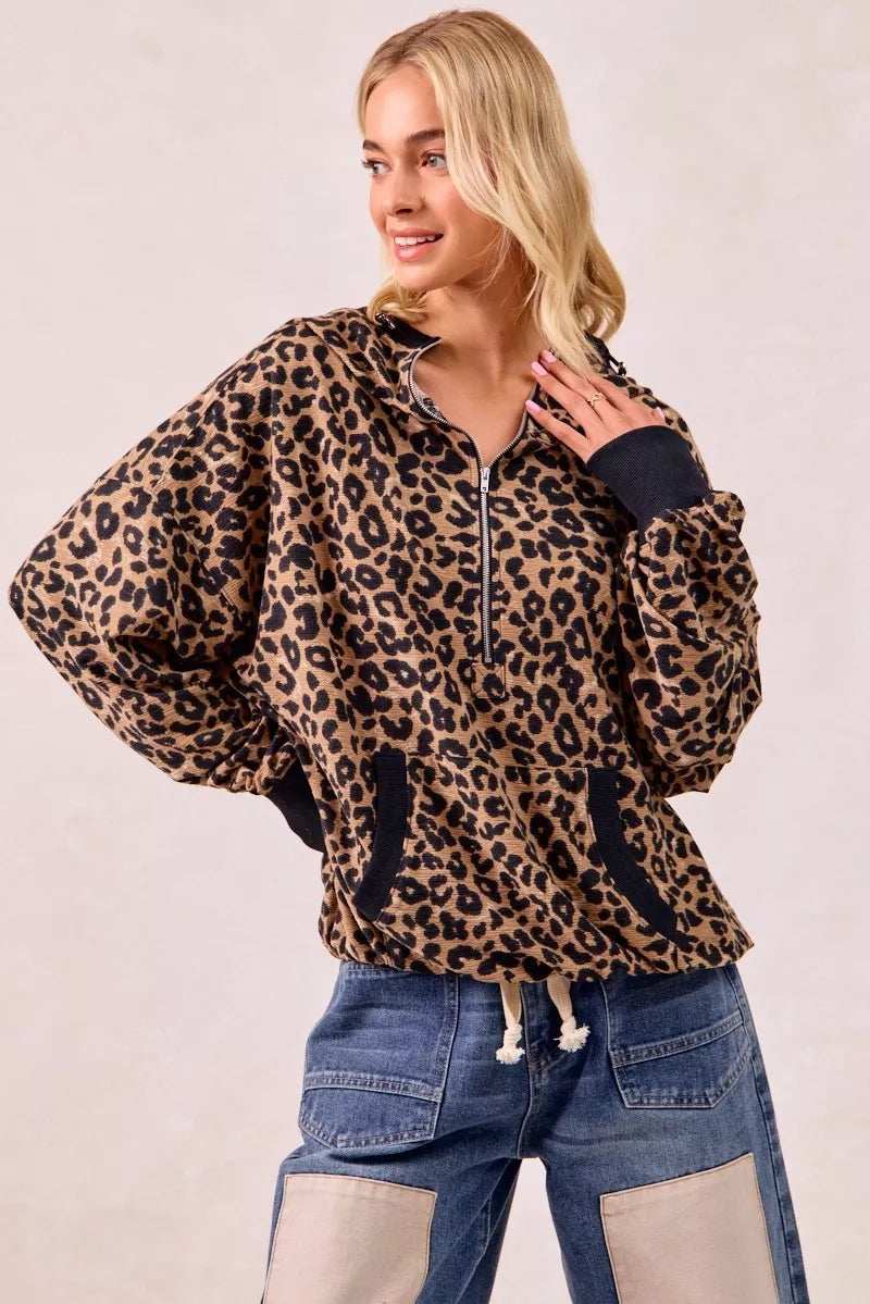 BiBi Leopard Print Waffle Half Zip Up Hoodie W Pocket - Trendsi - Flyclothing LLC