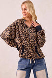 BiBi Leopard Print Waffle Half Zip Up Hoodie W Pocket - Trendsi - Flyclothing LLC