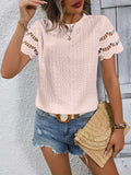 Full Size Eyelet Round Neck Short Sleeve Top - Trendsi - Flyclothing LLC
