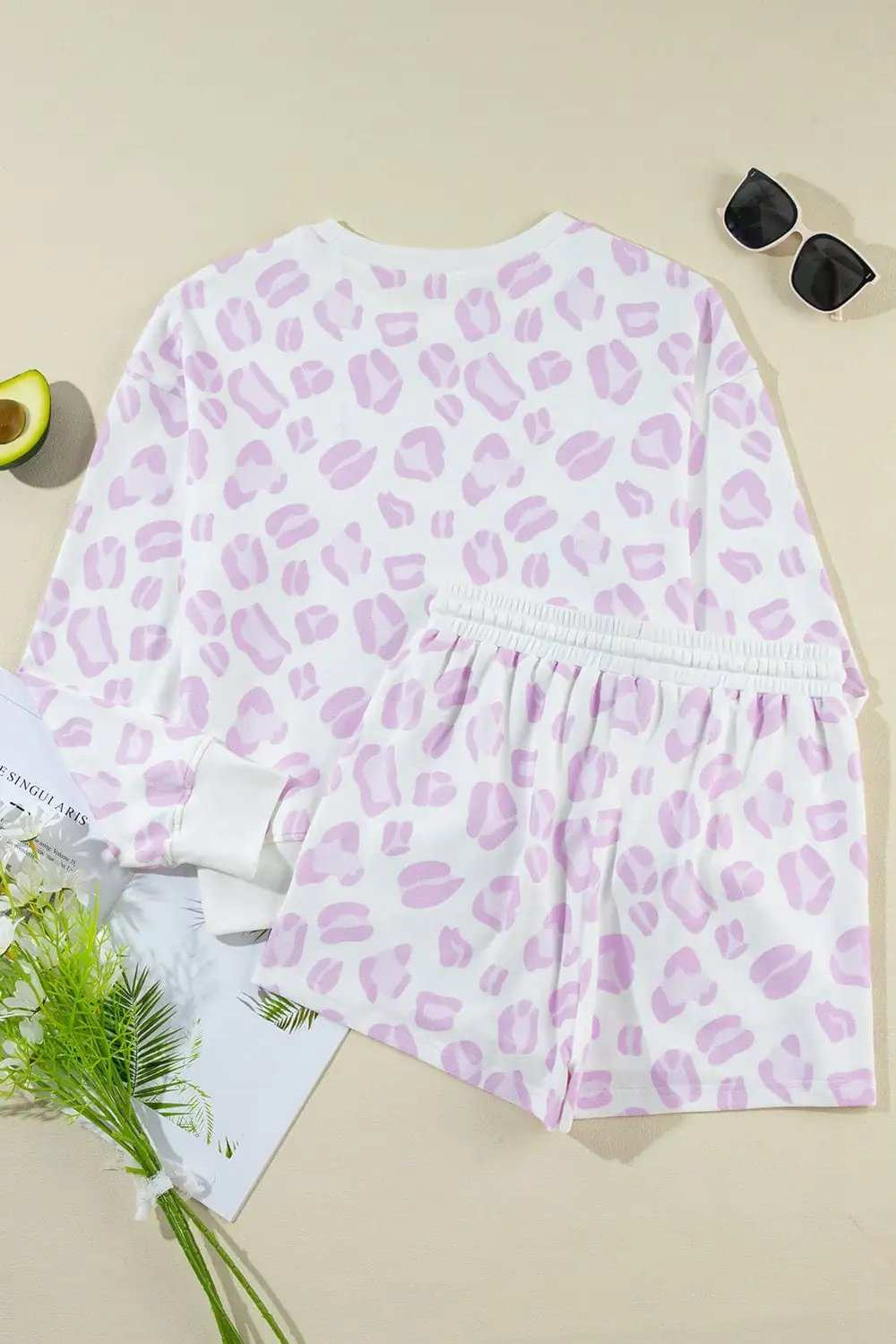 Leopard Long Sleeve Top and Drawstring Shorts Lounge Set - Trendsi - Flyclothing LLC