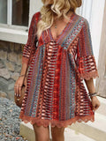 Lace Trim Printed V-Neck 3/4 Sleeve Dress - Trendsi - Flyclothing LLC