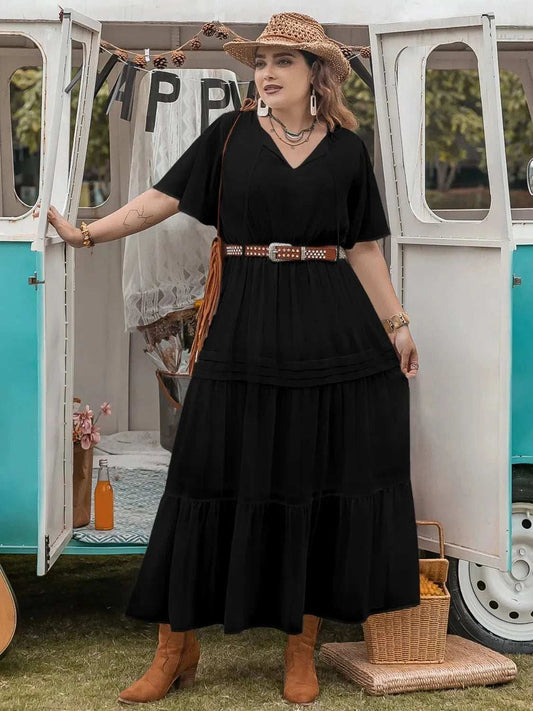 Plus Size Tie Neck Flutter Sleeve Dress - Trendsi - Flyclothing LLC