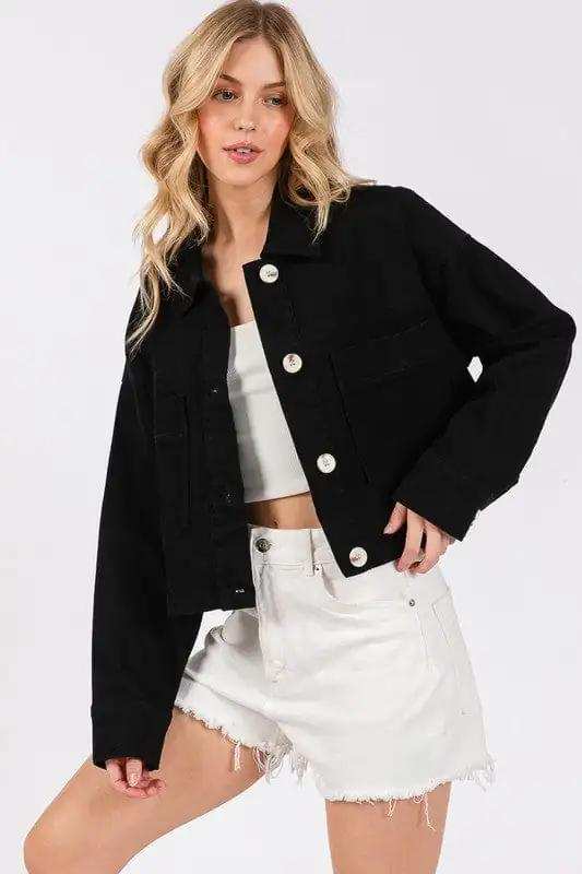 bytos Button Down Cropped Denim Jacket with Patch Pockets - Trendsi - Flyclothing LLC