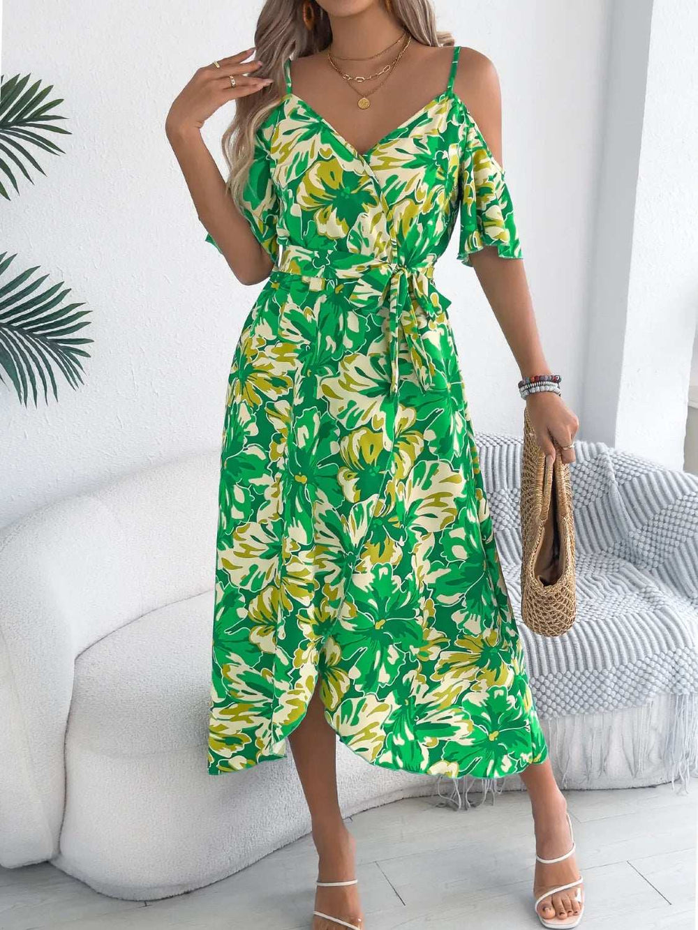Printed Cold Shoulder Midi Cami Dress - Trendsi - Flyclothing LLC