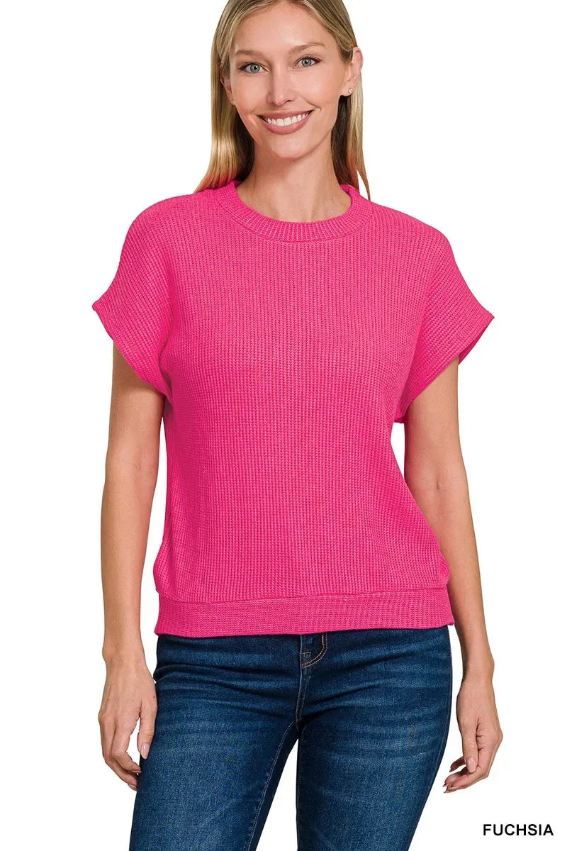 Zenana Round Neck Banded Botton Short Sleeve Sweater - Trendsi - Flyclothing LLC