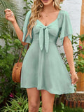 Smocked Back Knotted Flutter Sleeve Dress - Trendsi - Flyclothing LLC