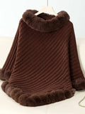 Fuzzy Trim Texture Three-Quarter Sleeve Poncho - Trendsi - Flyclothing LLC