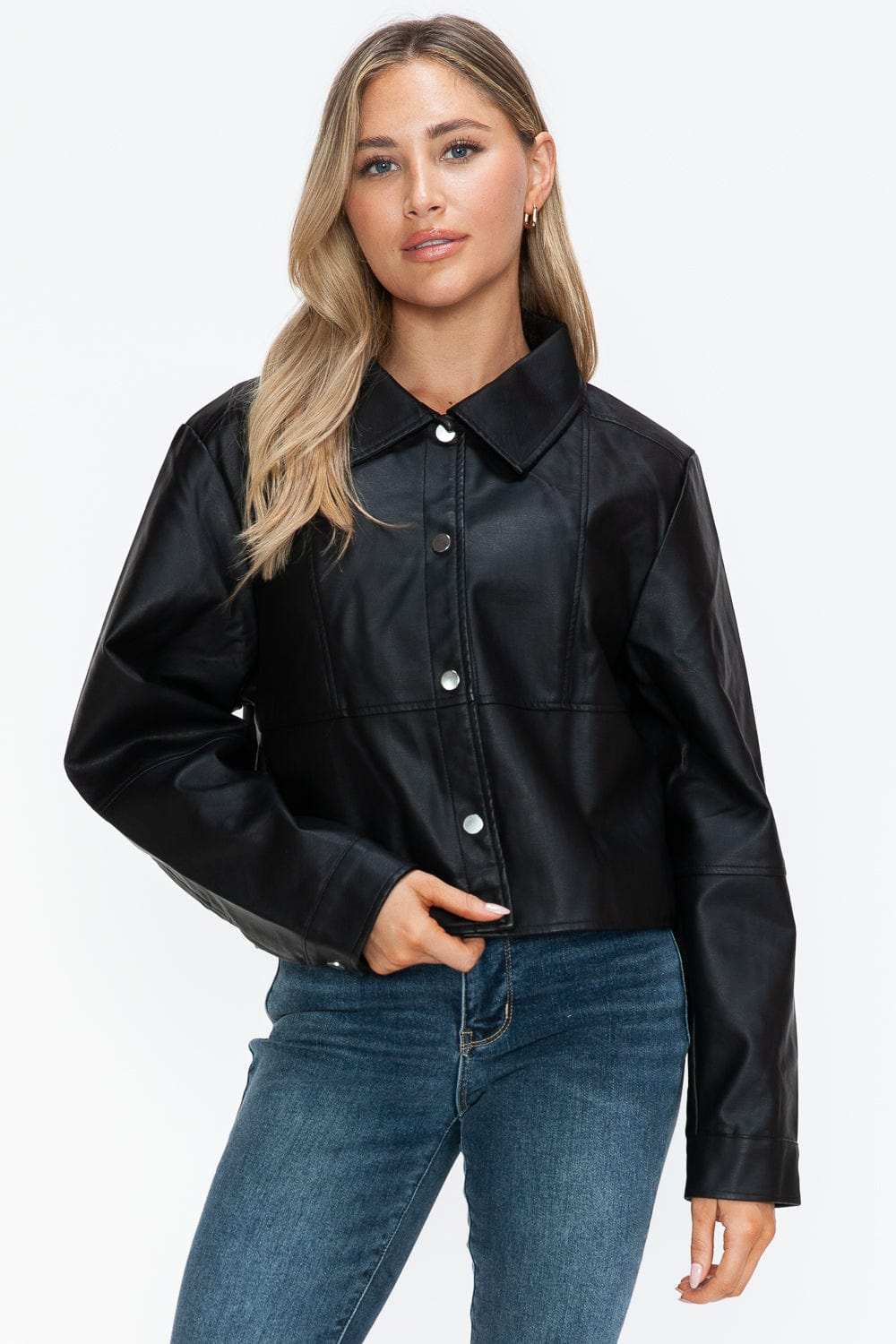 Snobbish Snap Down Long Sleeve PU Leather Jacket - Trendsi - Flyclothing LLC
