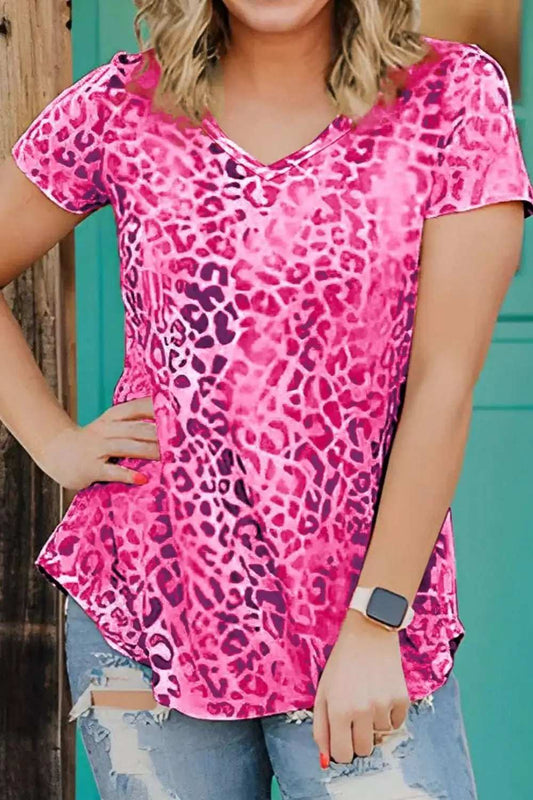 Leopard V-Neck Short Sleeve T-Shirt - Trendsi - Flyclothing LLC