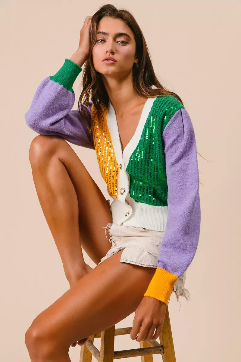 BiBi Mardi Gras Color Block Sequin Sweater Cardigan - Trendsi - Flyclothing LLC