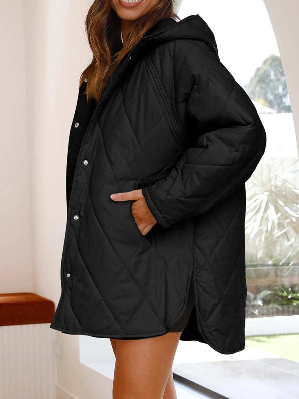 Slit Snap Down Long Sleeve Hooded Jacket - Trendsi - Flyclothing LLC