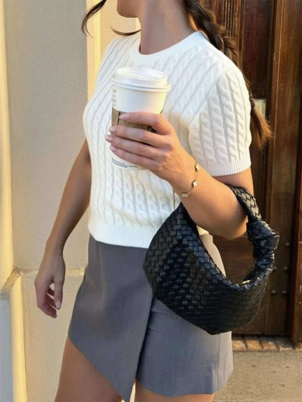Cable-Knit Short Sleeve Sweater - Trendsi - Flyclothing LLC