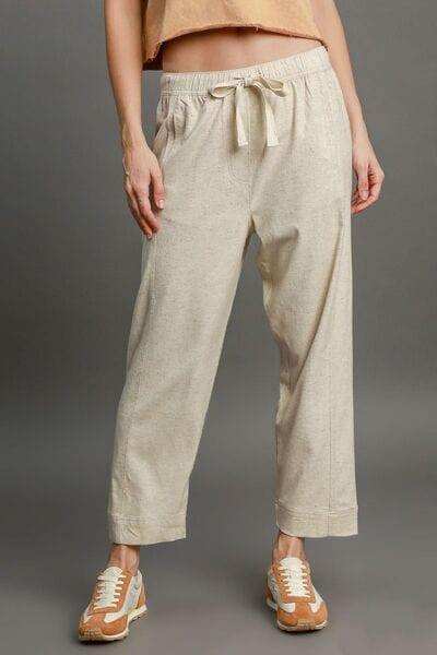 Umgee Full Size Drawstring Elastic Waistband Linen Blend Pants Plus Size - Trendsi - Flyclothing LLC