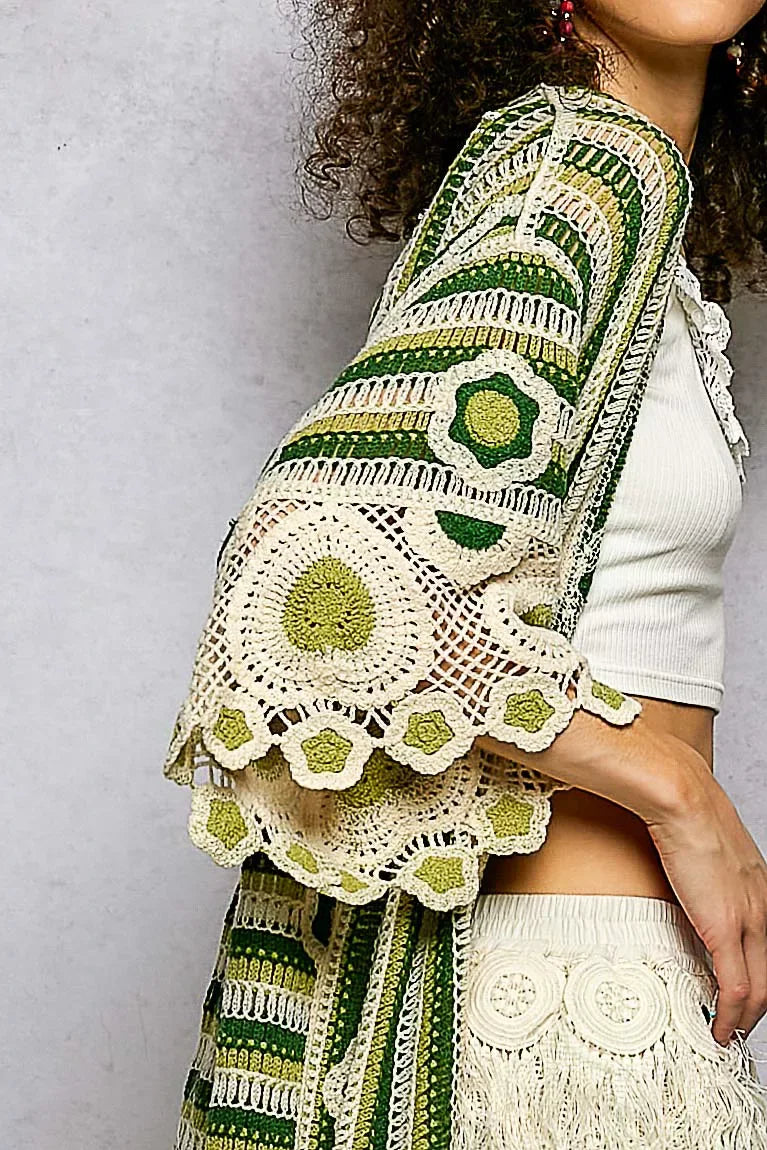 POL Striped and Floral Pattern Crochet Longline Cardigan - Trendsi - Flyclothing LLC