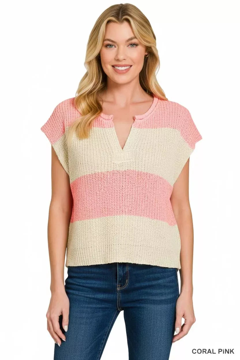 Zenana Split Neck Sleeveless Stripe Sweater - Trendsi - Flyclothing LLC