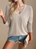 Double Take Pocketed Textured V-Neck Long Sleeve T-Shirt - Trendsi - Flyclothing LLC