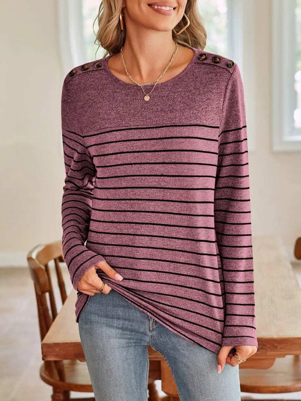 Lovelet Striped Round Neck Long Sleeve T-Shirt - Trendsi - Flyclothing LLC