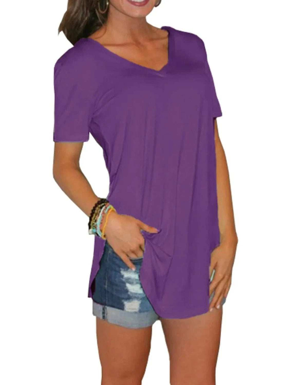 Full Size Solid V-Neck Short Sleeve T-Shirt Plus Size - Trendsi - Flyclothing LLC