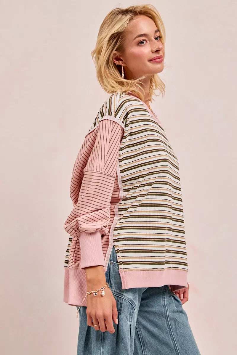 BiBi Stripe Mixed Top With Cut Edge And Reverse Outseam - Trendsi - Flyclothing LLC
