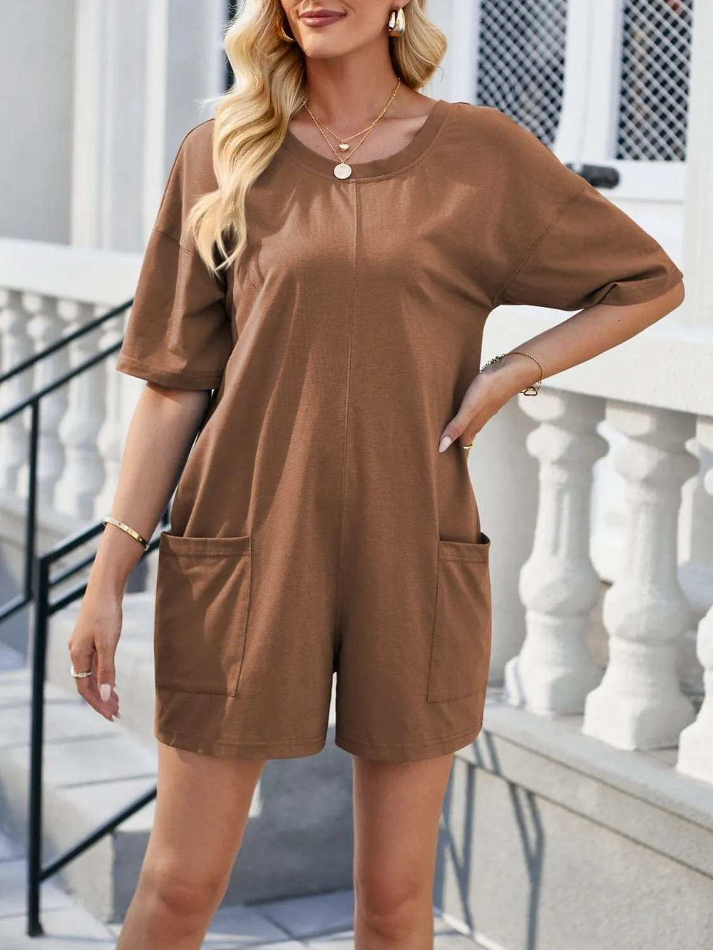 Backless Round Neck Half Sleeve Romper - Trendsi - Flyclothing LLC