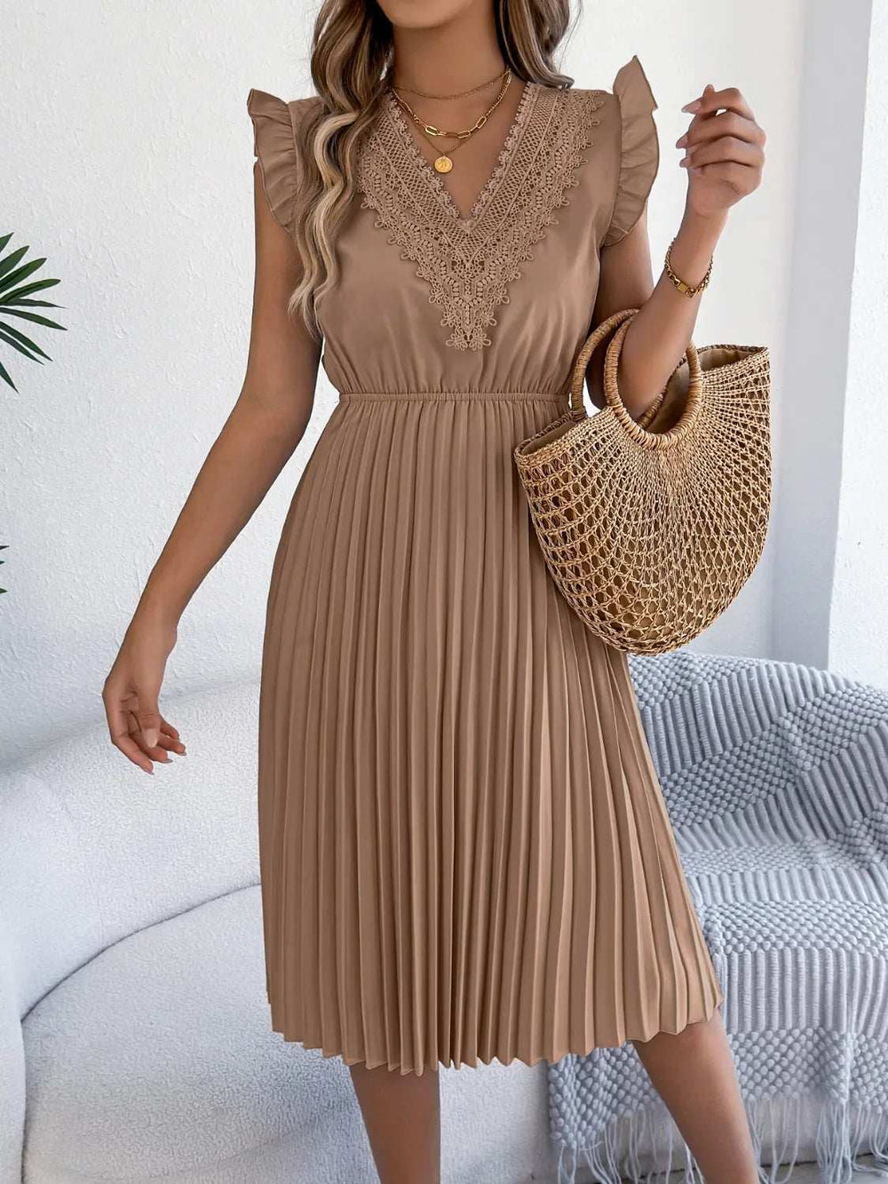 Lace Detail Ruffled Cap Sleeve Pleated Dress - Trendsi - Flyclothing LLC