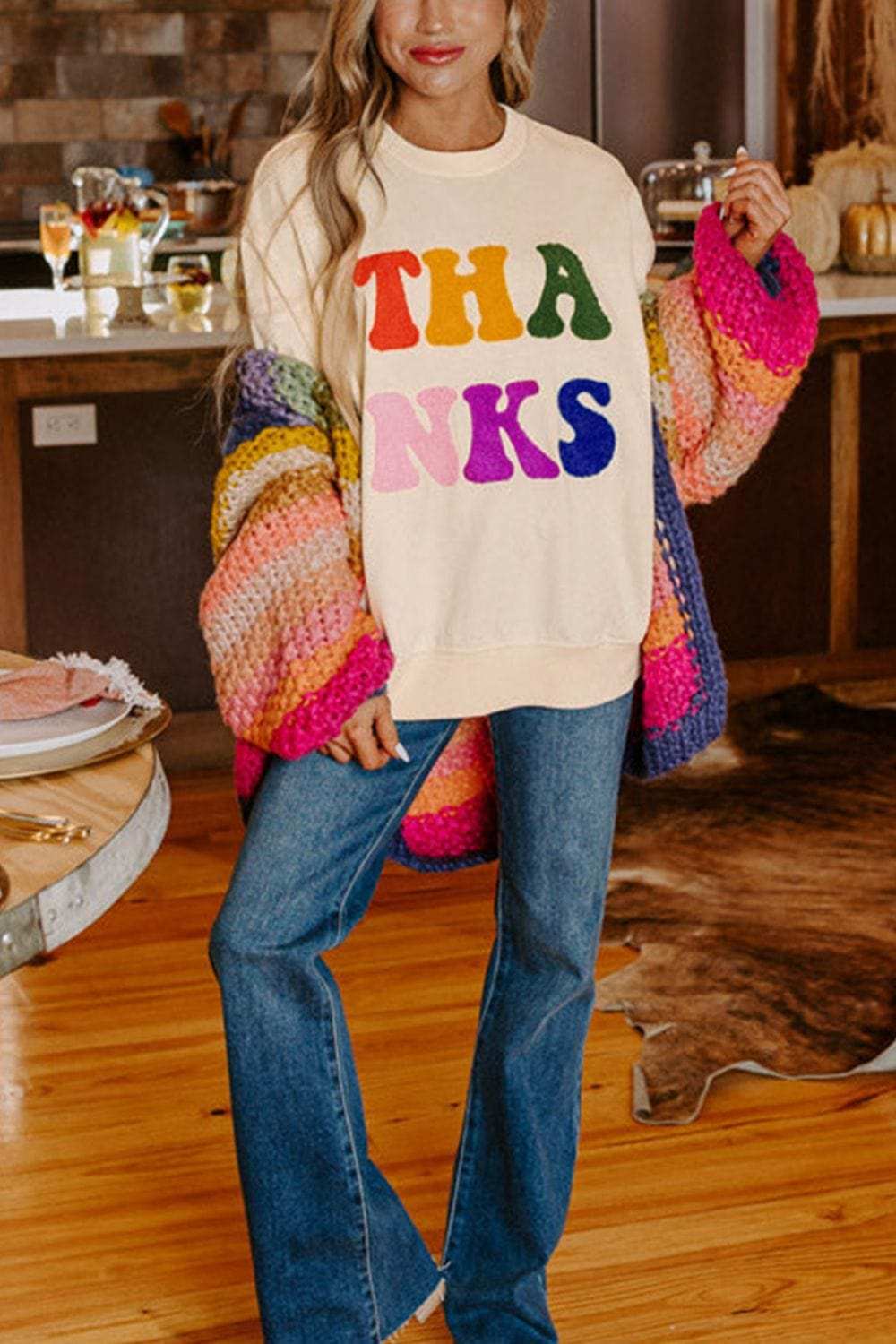 THANKS Round Neck Long Sleeve Sweatshirt - Trendsi - Flyclothing LLC