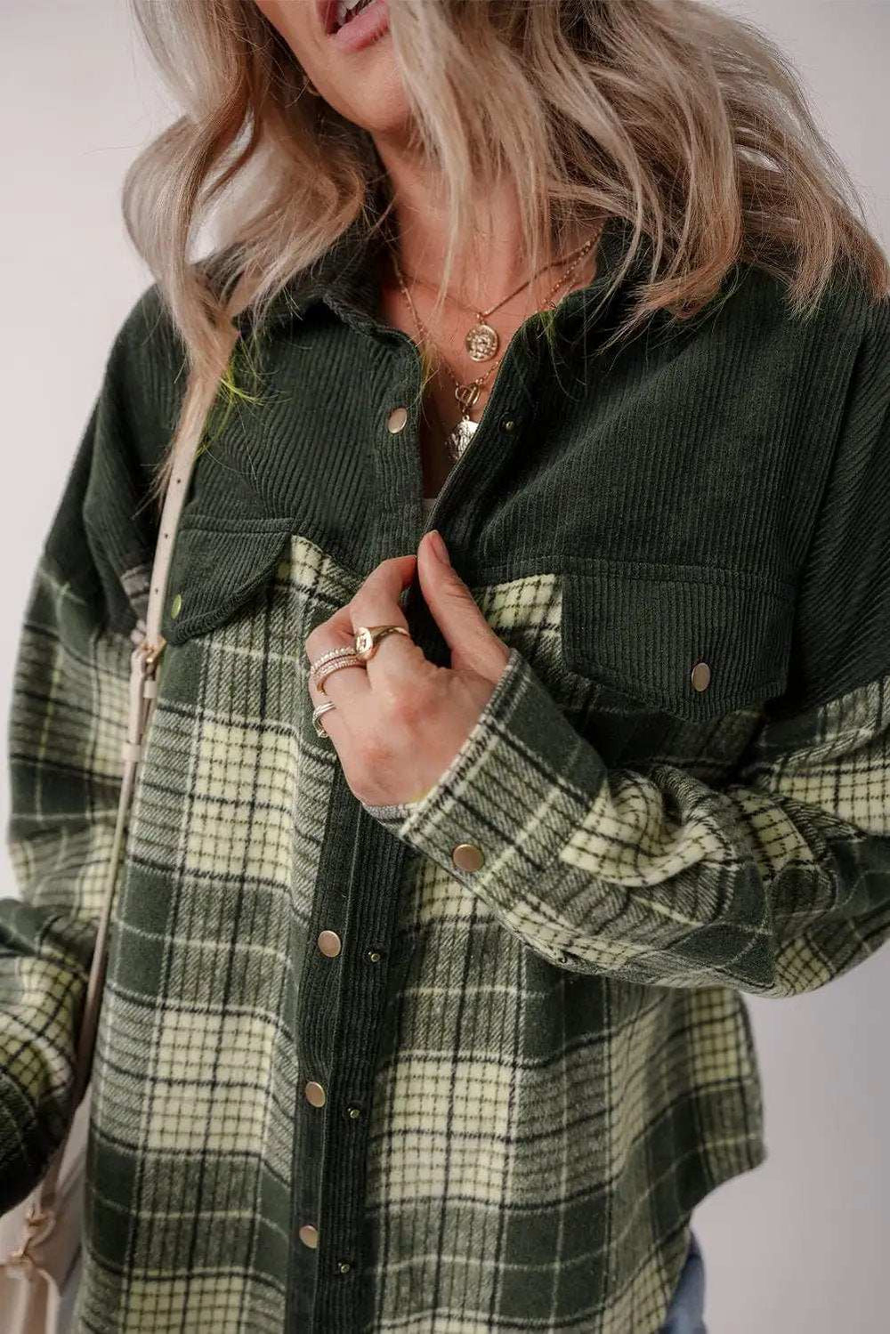 Snap Down Collared Neck Plaid Shacket - Trendsi - Flyclothing LLC