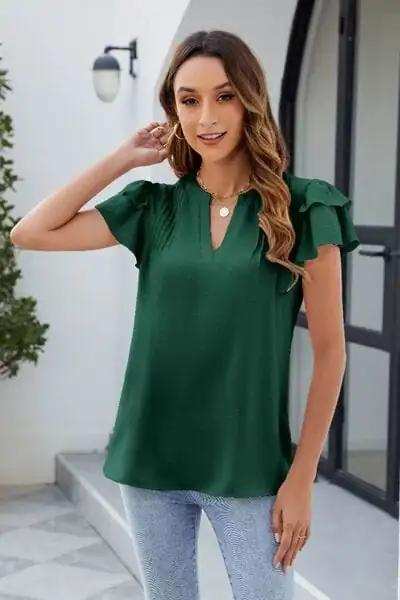 Ruffled Notched Short Sleeve Blouse - Trendsi - Flyclothing LLC