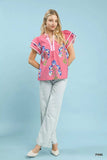 Umgee Blossom Meadow Print Blouse with Contrast Trim - Trendsi - Flyclothing LLC