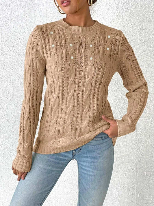 Cable-Knit Round Neck Long Sleeve Sweater - Trendsi - Flyclothing LLC
