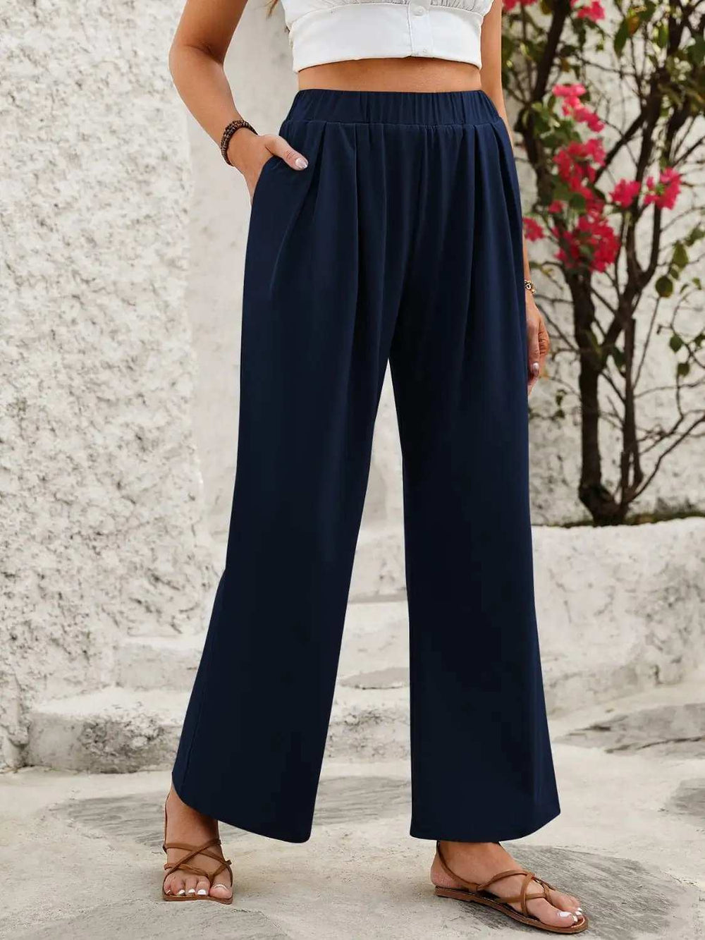 Elastic Waist Wide Leg Pants - Trendsi - Flyclothing LLC