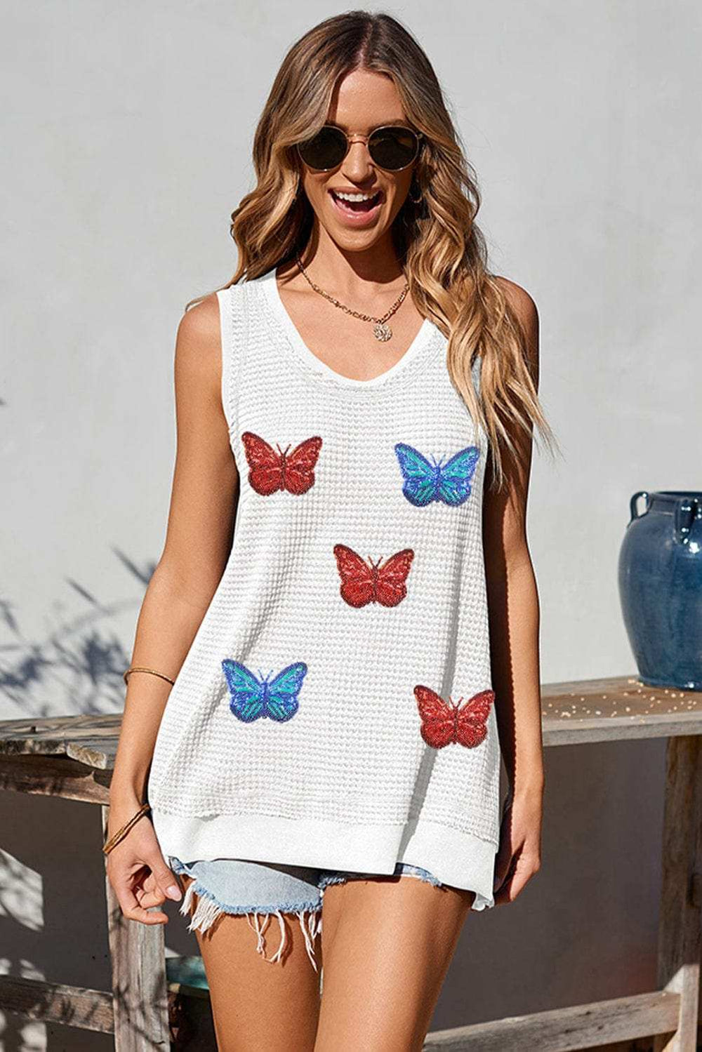 Sequin Butterfly Round Neck Tank - Trendsi - Flyclothing LLC