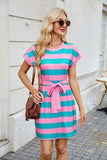 Tied Contrast Striped Short Sleeve Mini Tee Dress - Trendsi - Flyclothing LLC