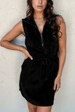 French Terry Zipped Collar Sleeveless Drawstring Waist Mini Dress - Trendsi - Flyclothing LLC