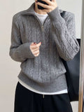 Cable-Knit Half Zip Long Sleeve Sweater - Trendsi - Flyclothing LLC